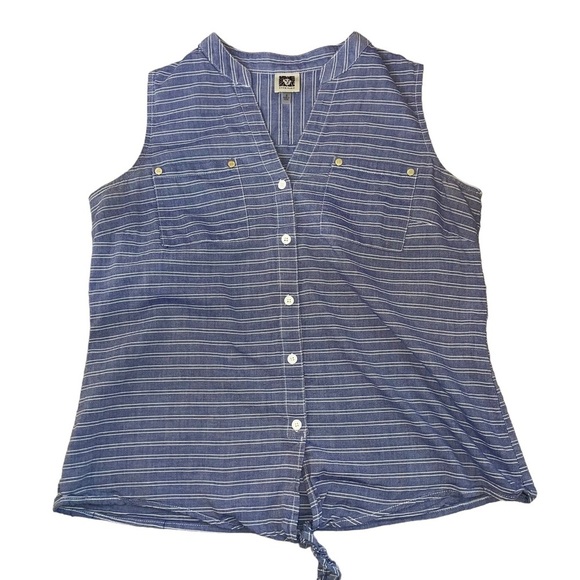 Anne Klein top blue & white striped 100% cotton sleeveless button up knot tie Sm - Picture 2 of 9